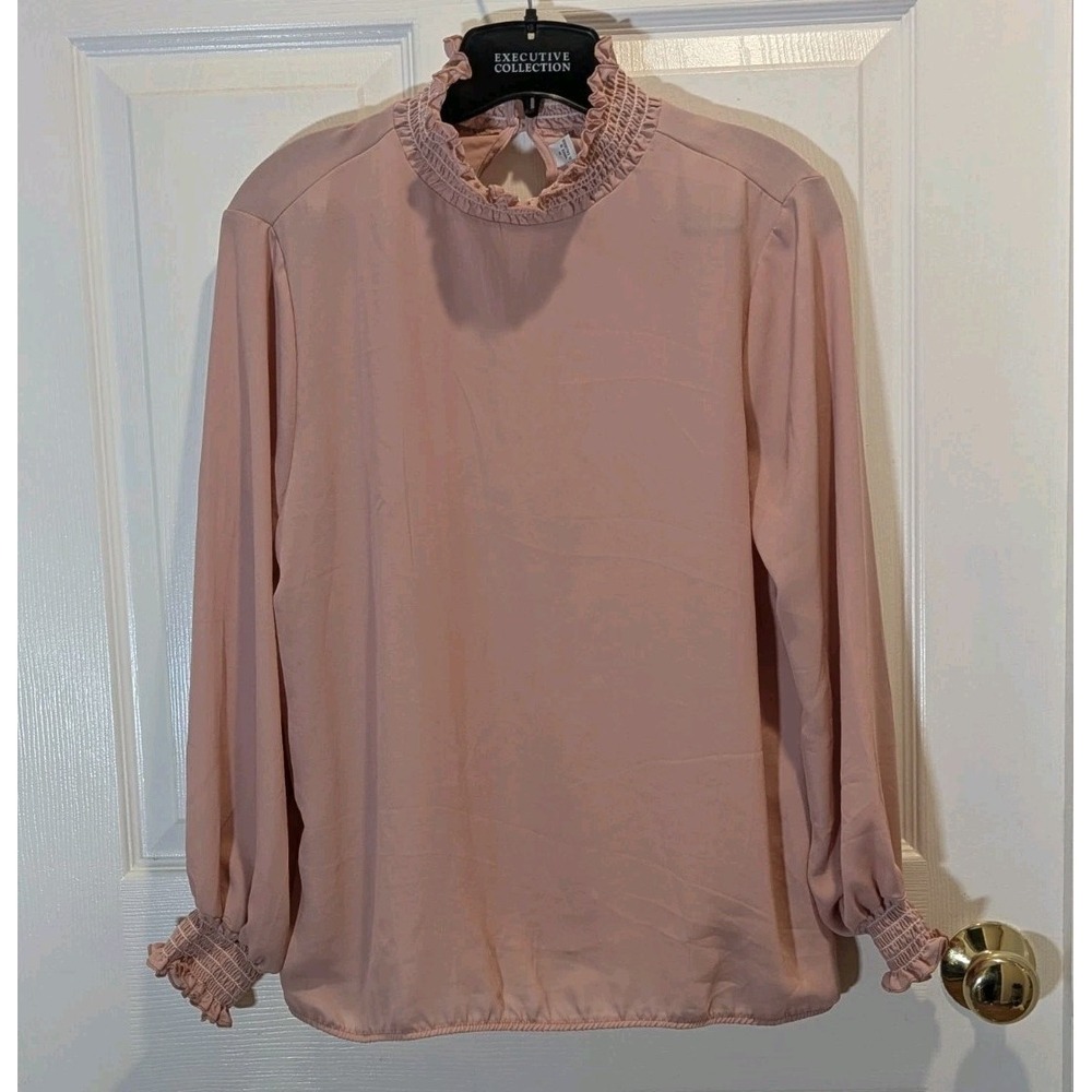Coquette Romantic NY&Co Smocked Ruffle Mock Neck Blouse Pink NWT Medium